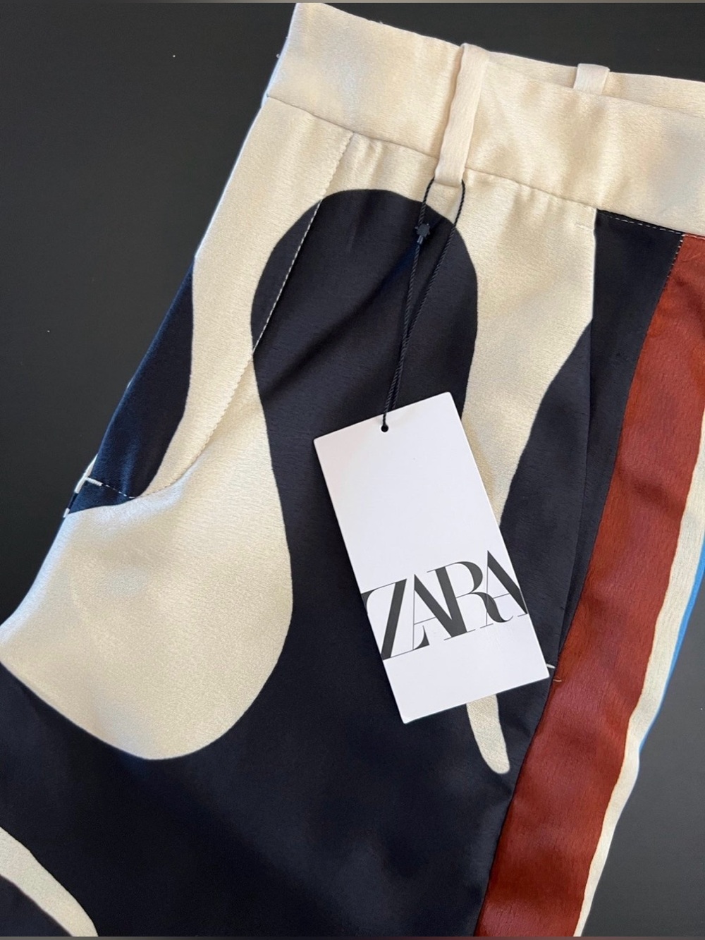 ZARA Printed Satin-Feel Pants in Black/Cream with Blue & Brown Stripes - Picture 7 of 9